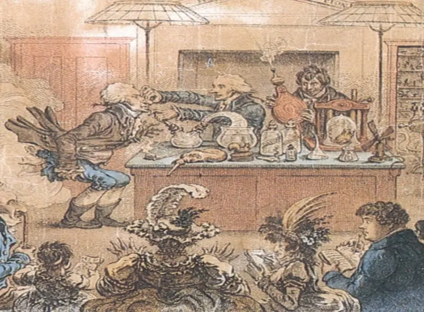 An etching of a lecture given in 1802, depicting Thomas Young or Thomas Garnett giving laughing gas (nitrous oxide) to Sir John Hippisley