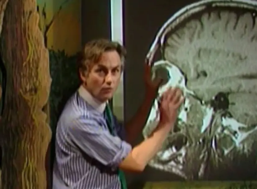 Richard Dawkins pointing at a projection of a human skull and brain