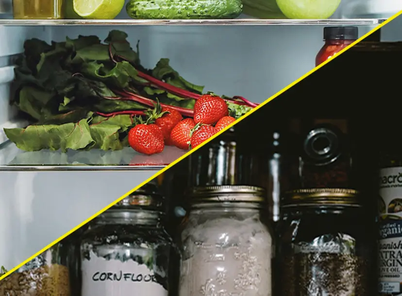 A divided image of a fridge and a food cupboard