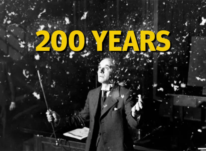 Alexander Oliver Rankine demonstrating a snowfall with ash. Text reads: 200 years