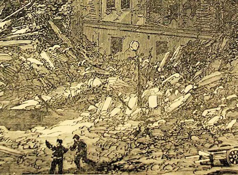 Etching of an accidental explosion in a Glasgow flour mill