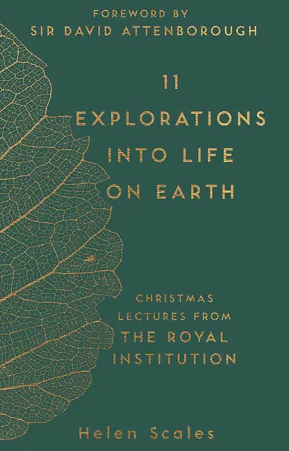 book cover of 11 Explorations into Life on Earth, the cover is green and has an illustrated leaf embossed in gold