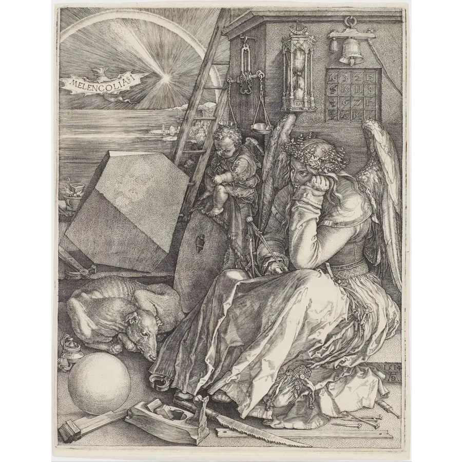 A black and white etching of an enigmatic and gloomy winged female figure thought to be a personification of melancholia