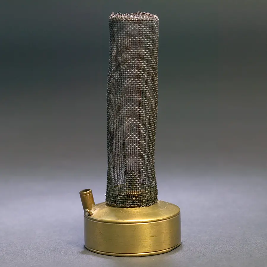The Davy lamp, with the metal gauze surrounding where the flame would've been