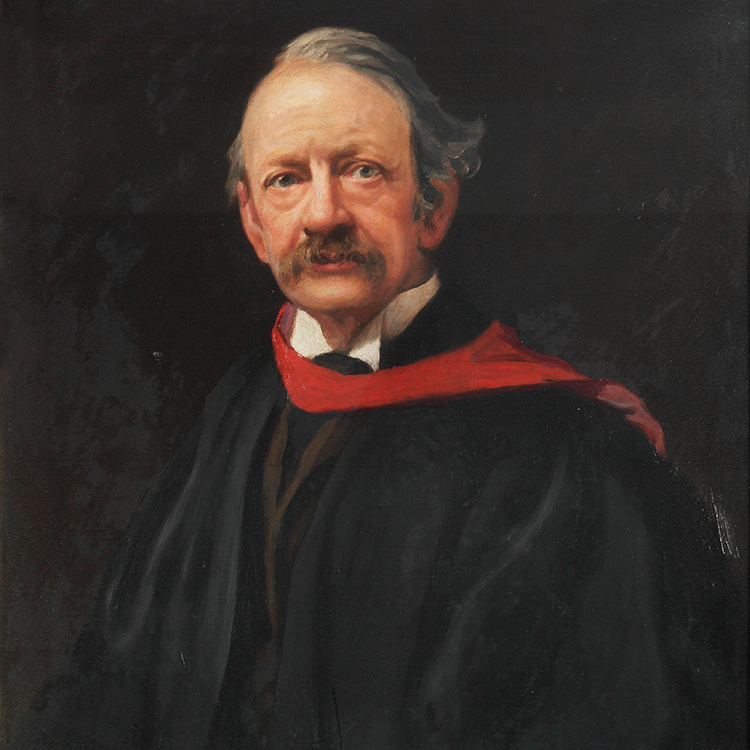 Painting of an elderly man with greying hair and a handlebar moustache wearing black academic robes, a white shirt and thin red scarf