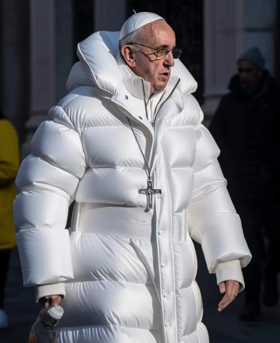 AI generated image of Pope Francis wearing a white puffer jacket