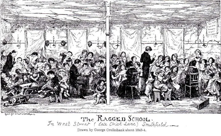 Cruikshank represents a ragged school at the Saffron Hill slum in London, which Charles Dickens visited on behalf of Angela Burdett Coutts in 1843.