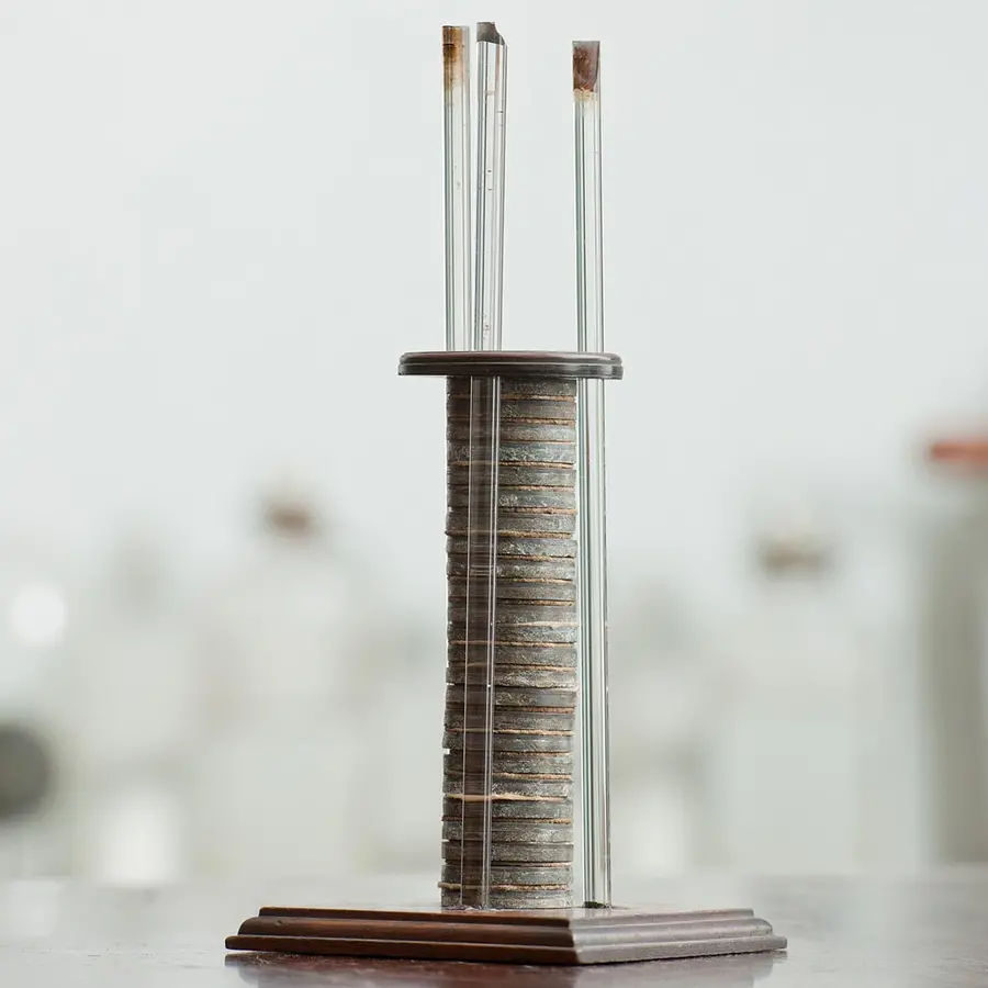 Volta's pile, showing several layers of copper plates and blotting paper