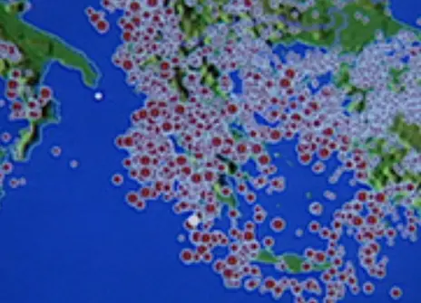 A map with little red dots covering much of it