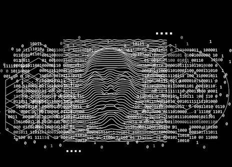 A black and white digital illustration of a fingerprint embedded with lines of computer code