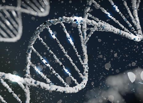A white DNA double-helix on a blue background