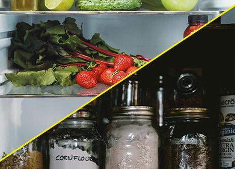 A divided image of a fridge and a food cupboard