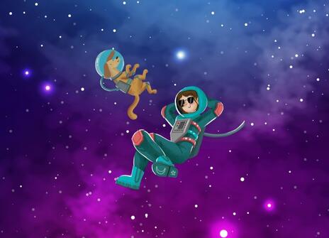 An illustration of a person and dog in space